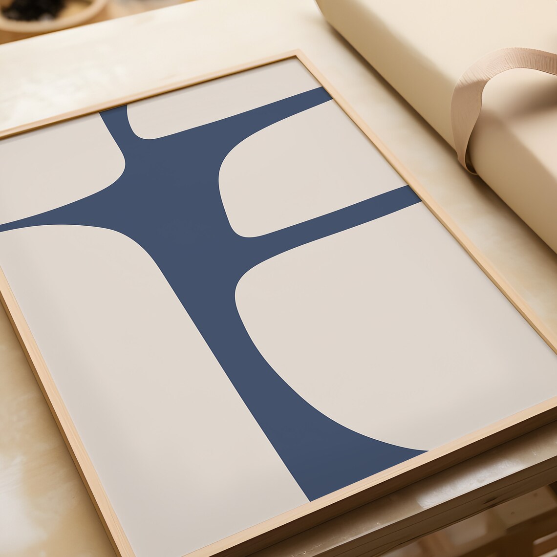 Mid-Century Minimalist Beige And Blue Abstract Art Print - Image 2