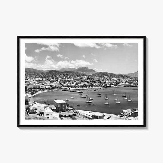 Cape Verde Mindelo Harbor Sailboats Black And White Bay Poster