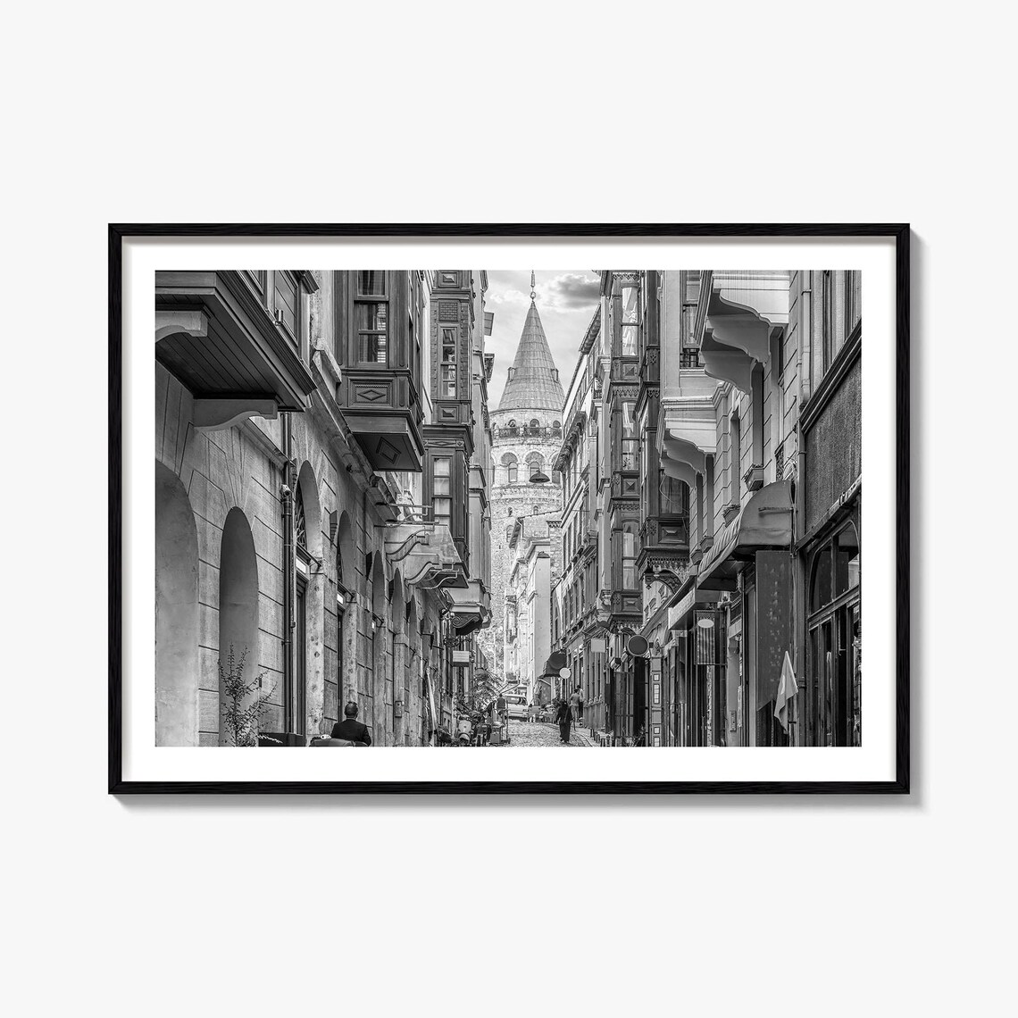 Galata Tower Istanbul Black and White Historic Street Photo Poster