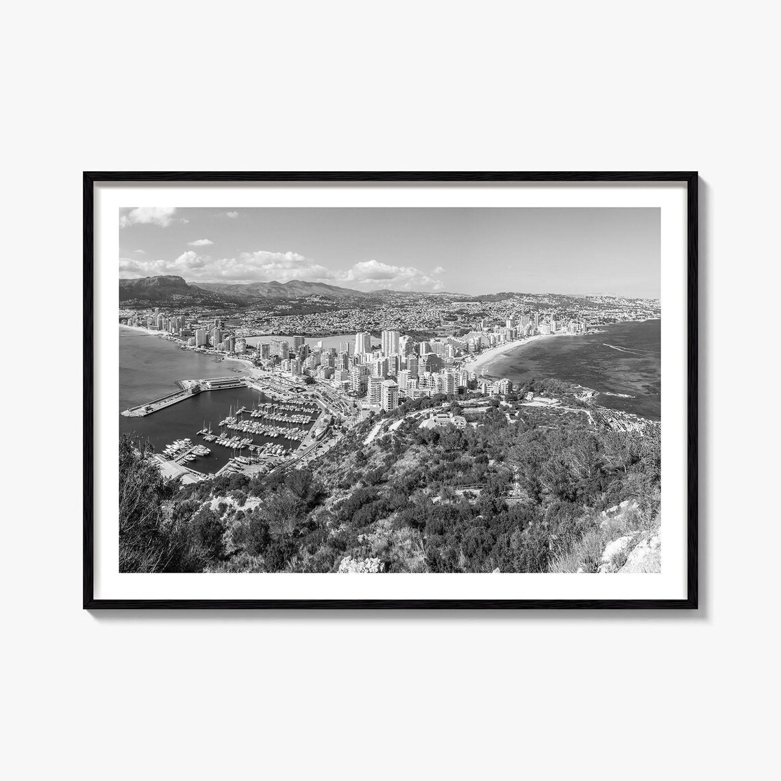 Calpe Spain Black and White Coastal City Marina Panorama Poster