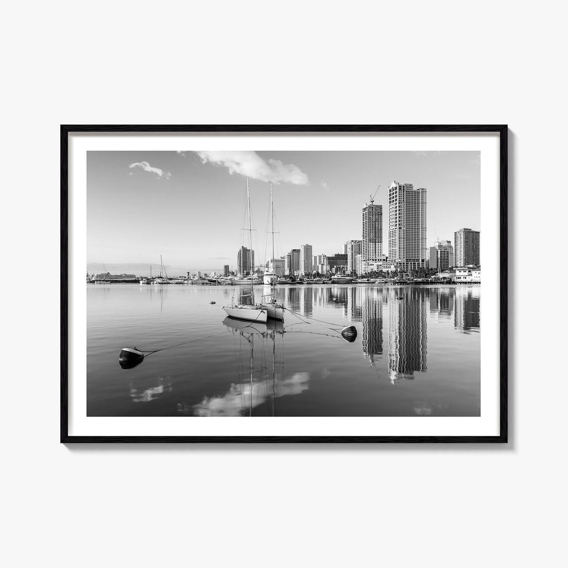 Manila Philippines Black White Bay Sailboat Harbor Photo Poster