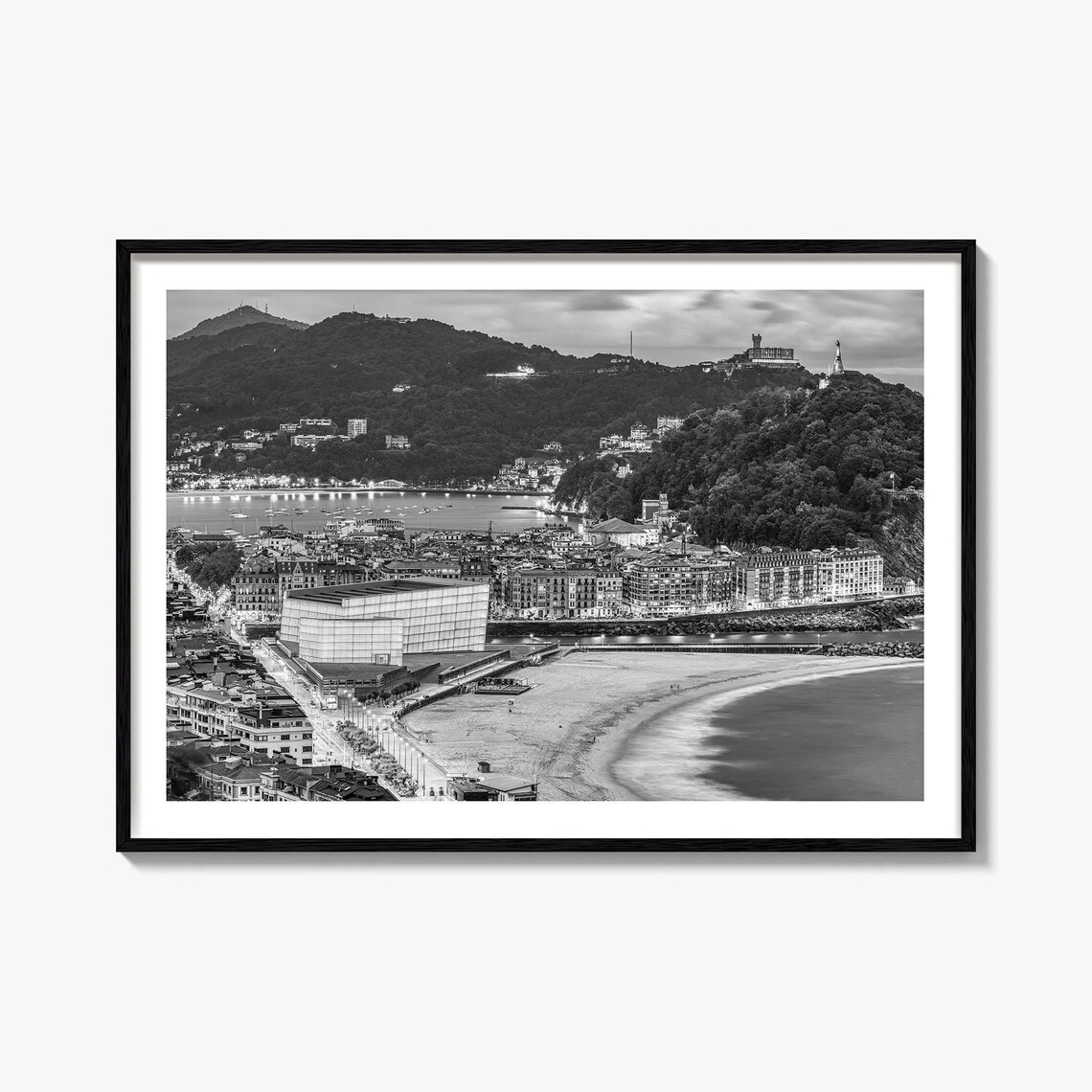San Sebastian Spain La Concha Bay Kursaal Night Black and White Poster
