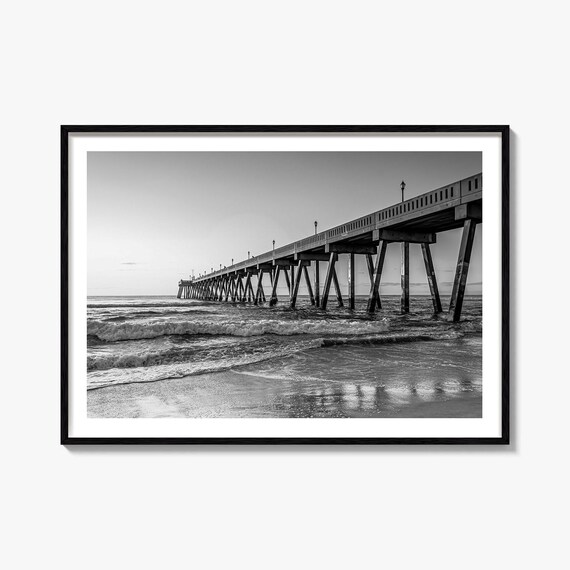 Wilmington North Carolina Ocean Pier Waves Black White Beach Poster