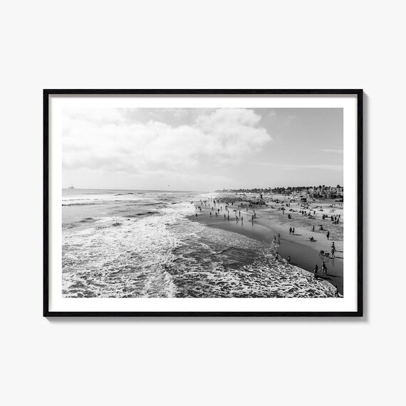 Huntington Beach California Crowded Shoreline Black and White Poster