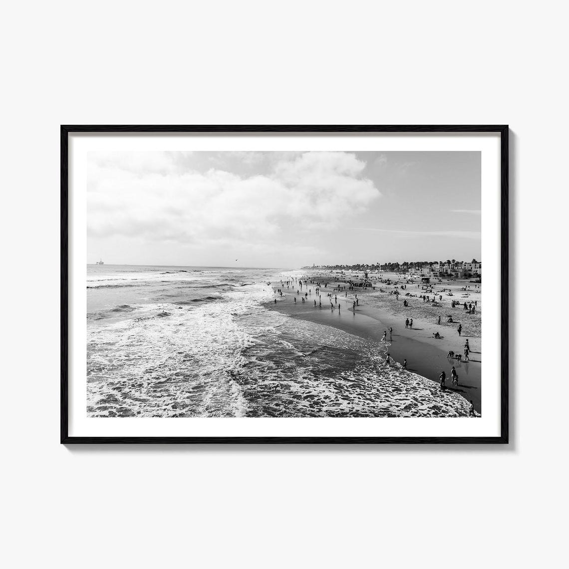 Huntington Beach California Crowded Shoreline Black and White Poster