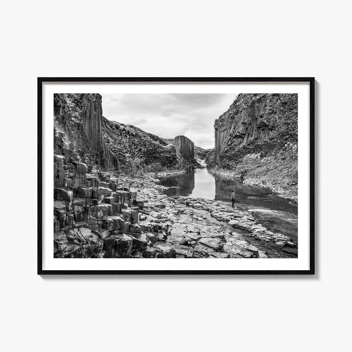 Iceland Basalt Canyon River Black And White Landscape Poster