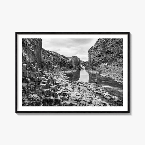 Iceland Basalt Canyon River Black And White Landscape Poster