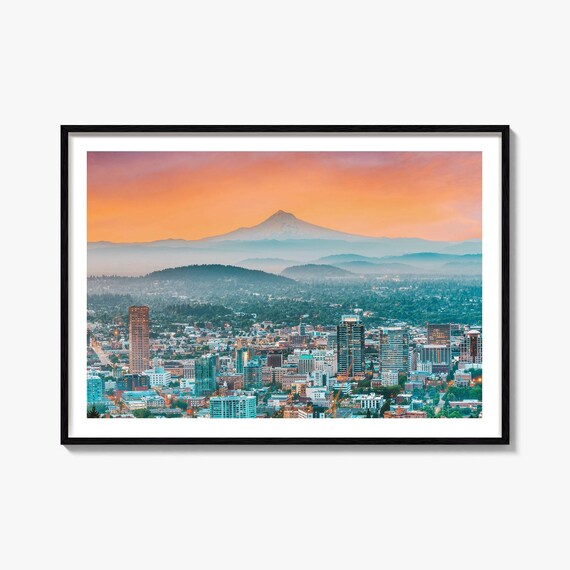 Portland Oregon Mount Hood Sunset Skyline Volcano View Poster
