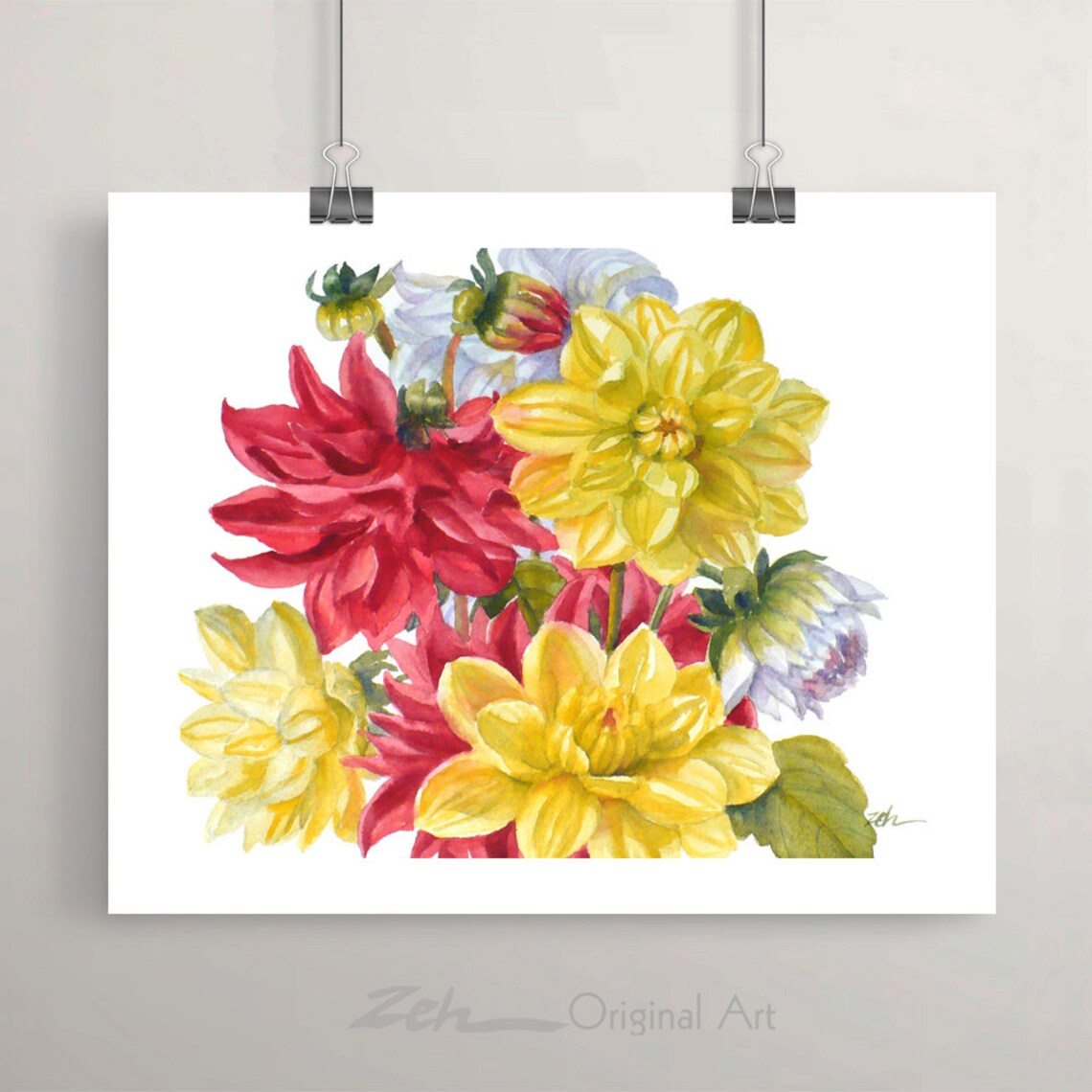 Red Yellow Dahlia Bouquet Watercolor Floral Still Life Art Poster