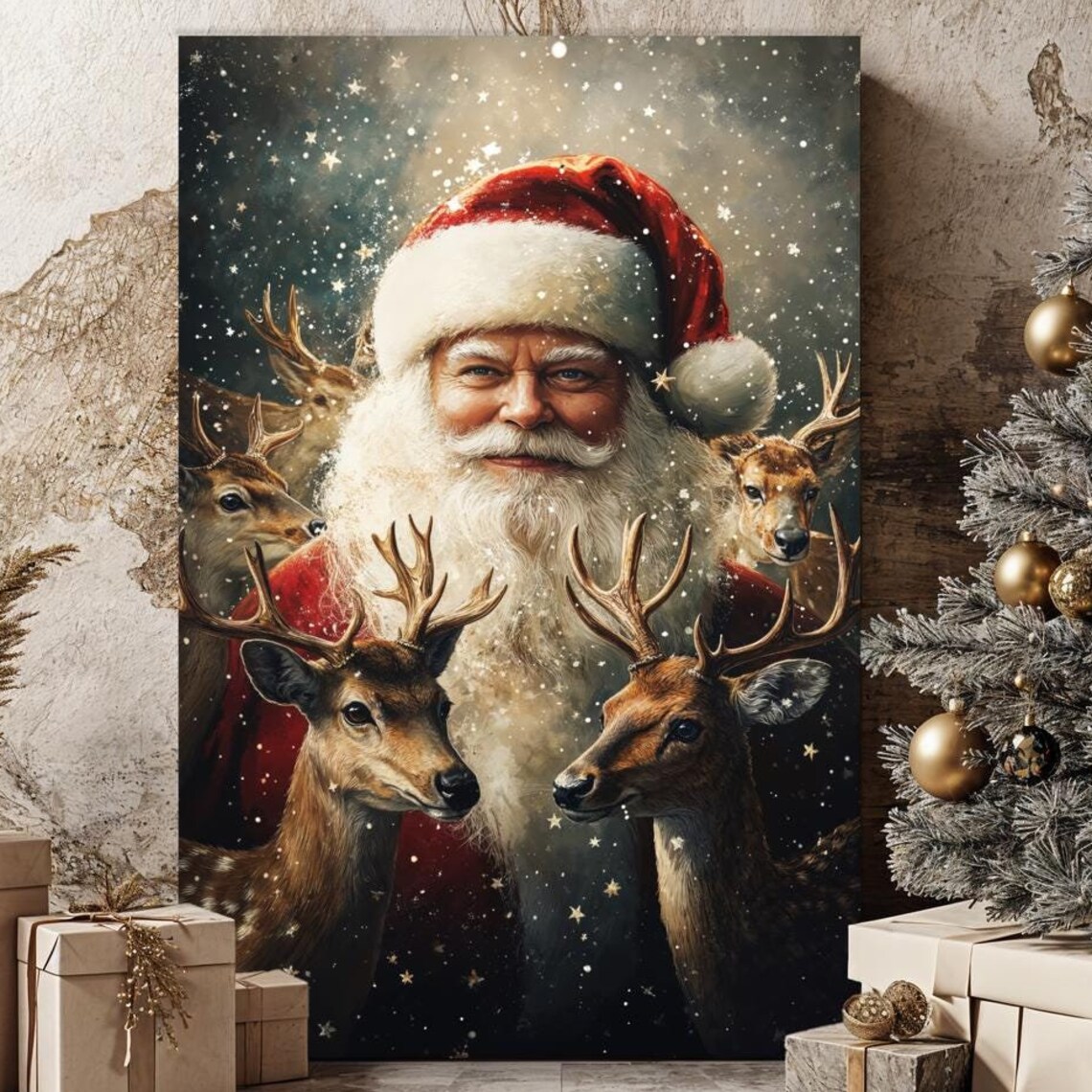 Santa Claus and Reindeer in Snow Magical Christmas Portrait Poster
