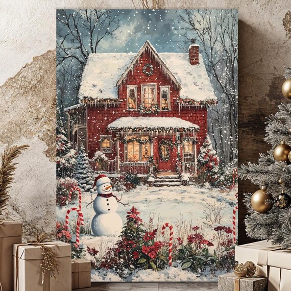 Red Snowy Cottage Snowman Candy Canes Winter Christmas Wall Art