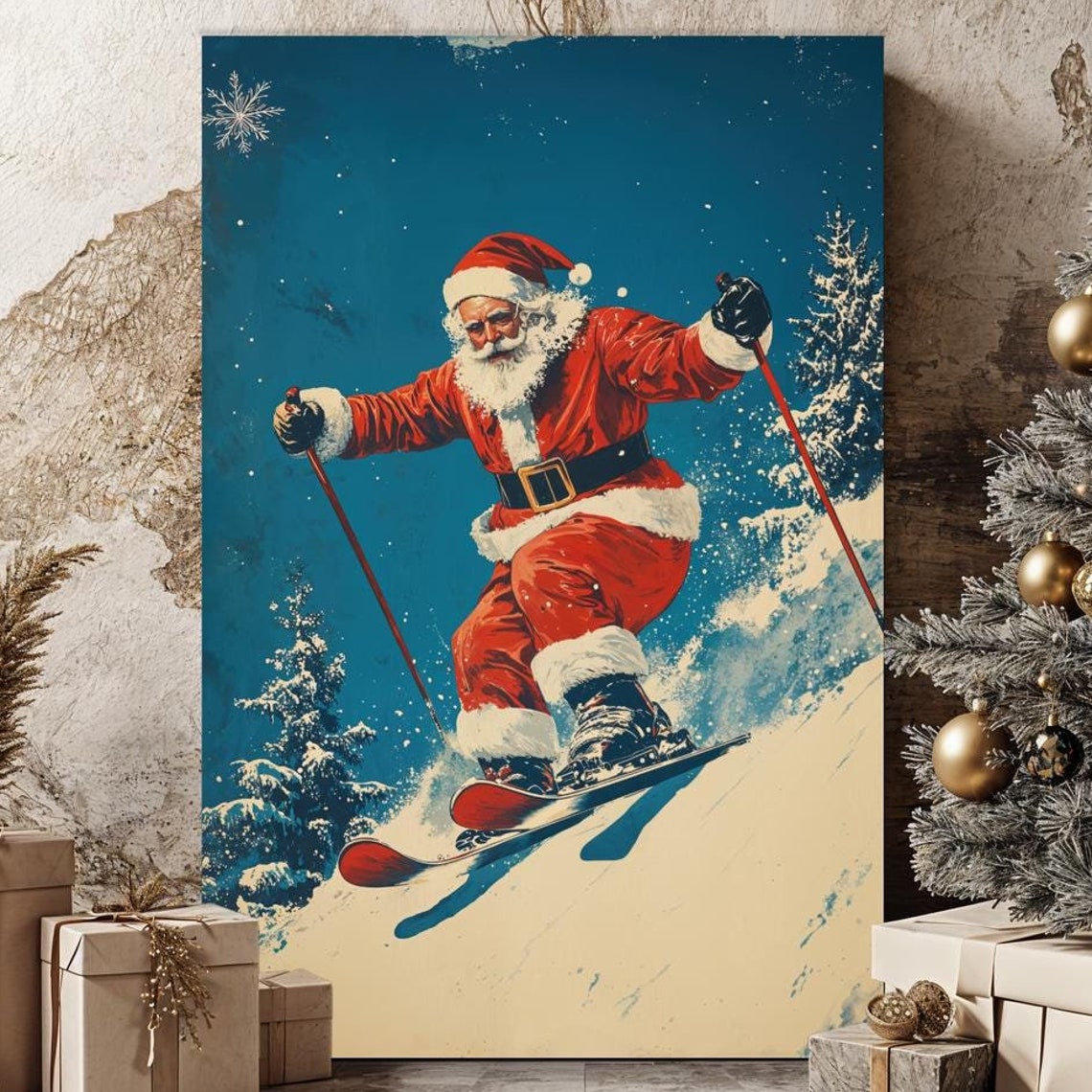 Santa Claus Skiing Downhill Retro Style Fun Christmas Holiday Poster