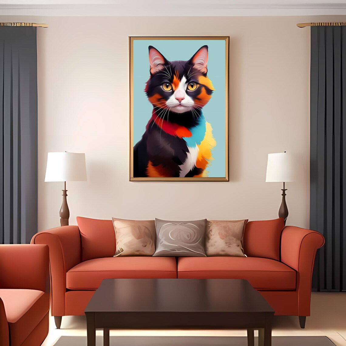 Colorful Calico Cat Pop Art Portrait Vibrant Feline Painting Poster