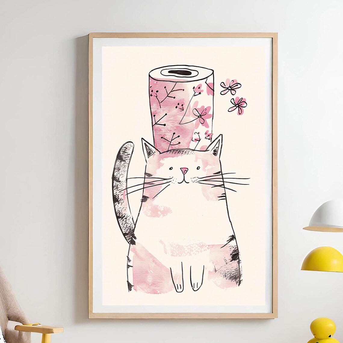 Cute Cat Balancing Floral Paper Roll on Head Watercolor Art Poster