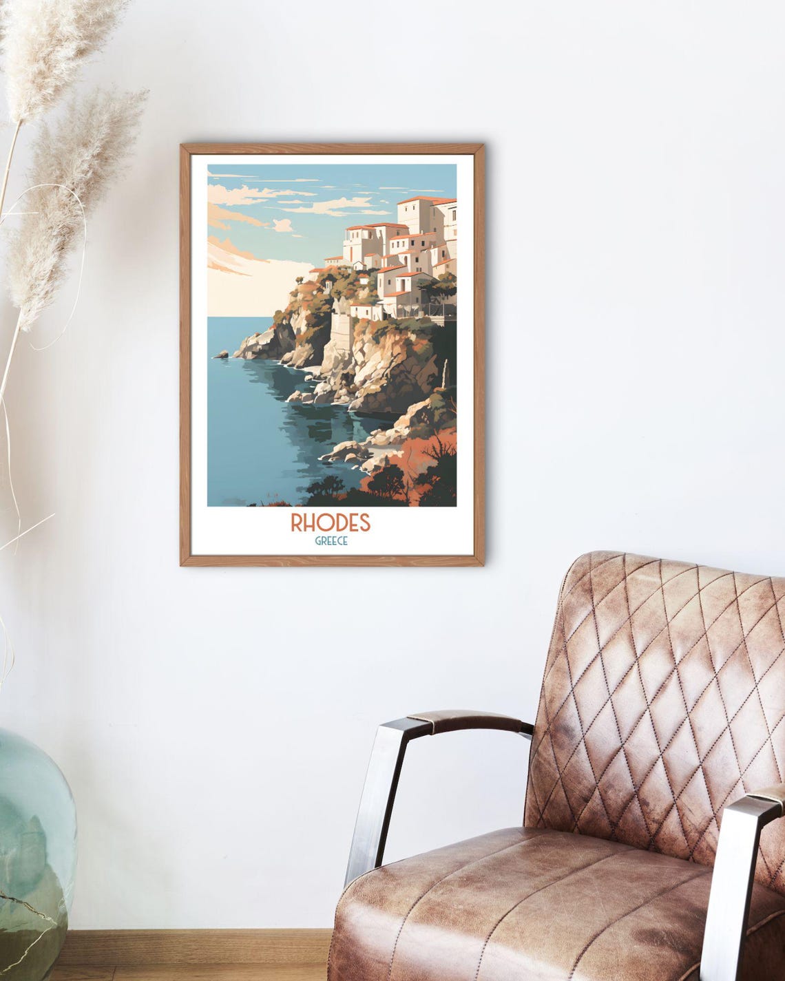 Rhodes Greece White Houses on Rocky Point Above Calm Sea Art Print - Image 2