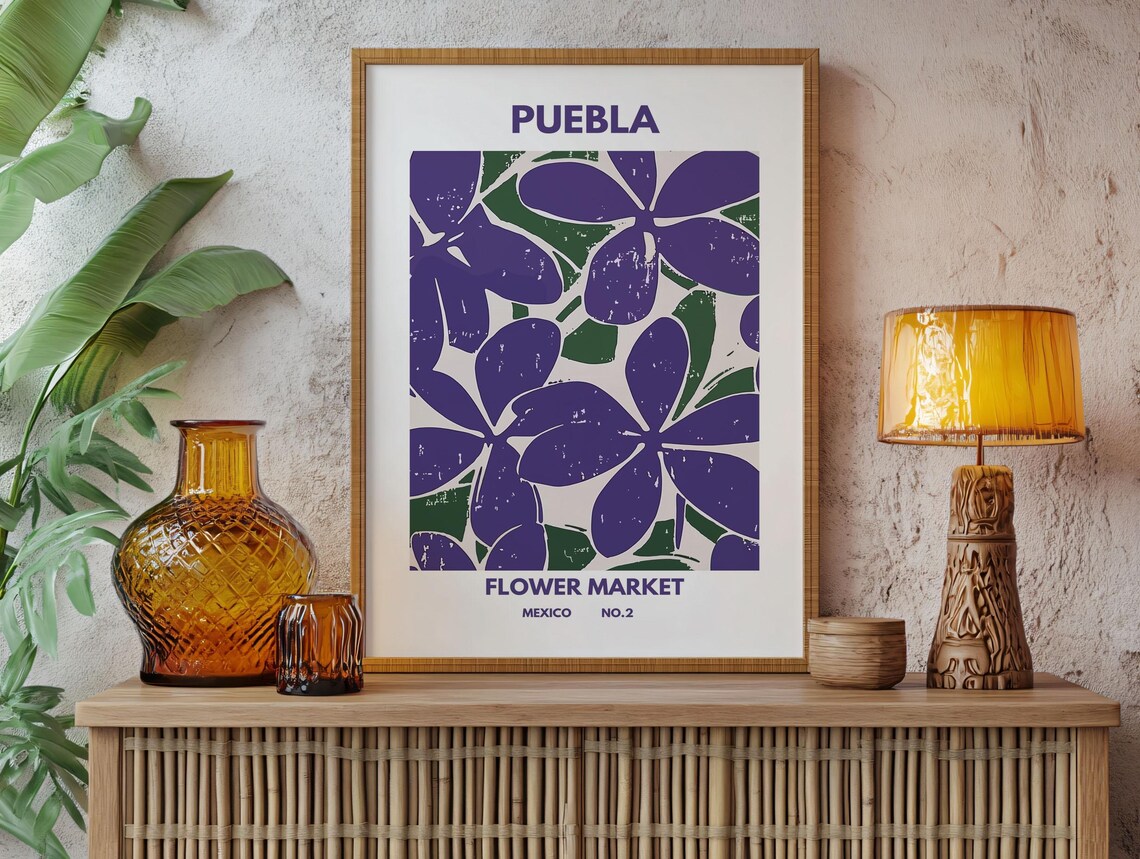 Bold Puebla Flower Market Mexico No 2 Purple Botanical Poster - Image 2