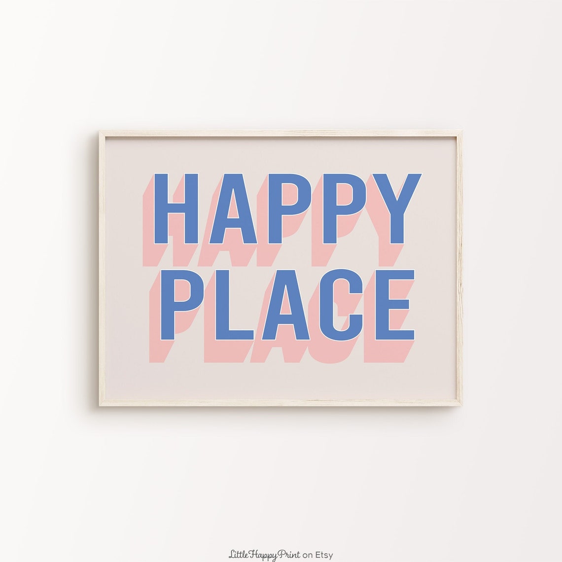Happy Place Blue Pink Retro 3D Block Letter Landscape Poster