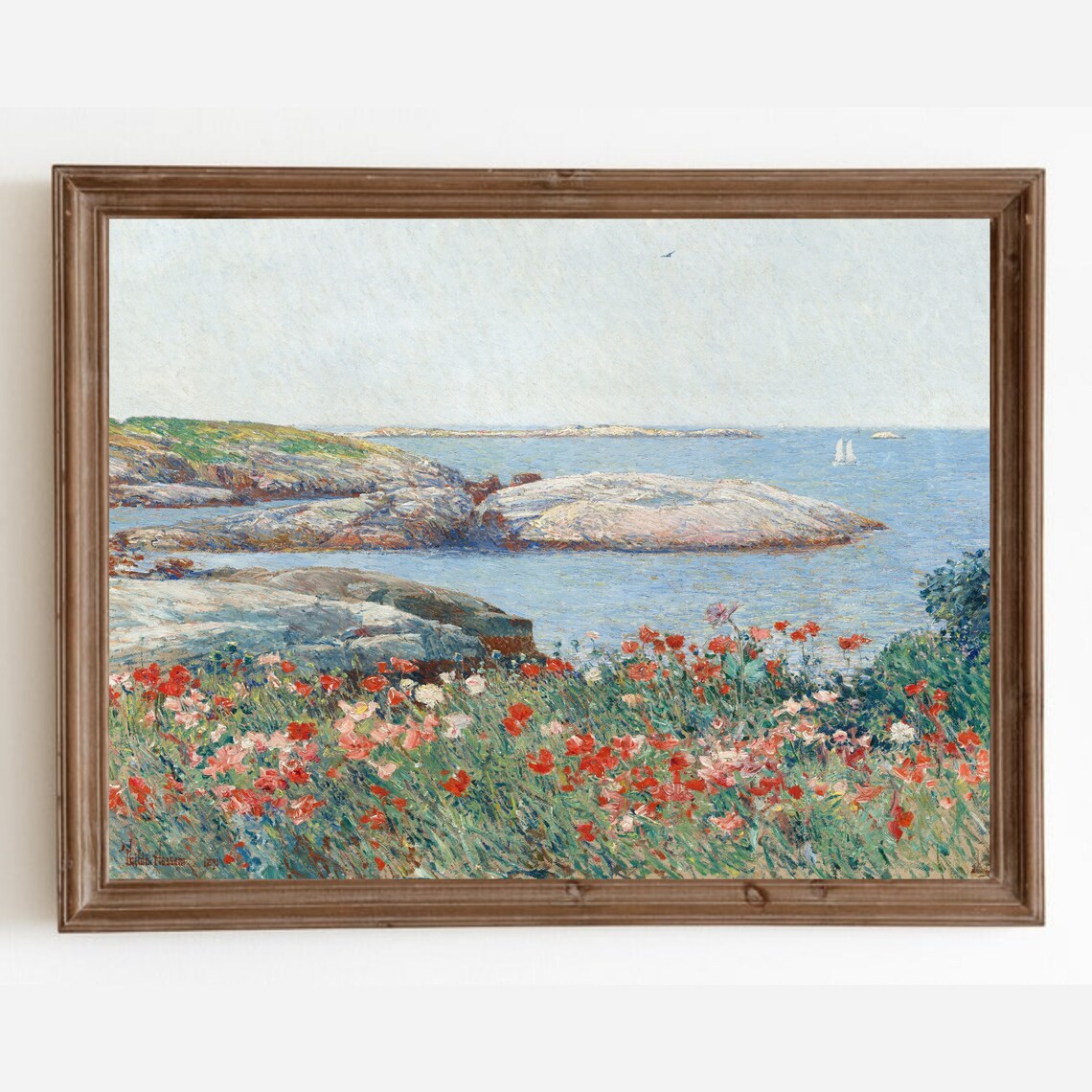 Coastal Floral Seascape, Vintage Oil Painting Print