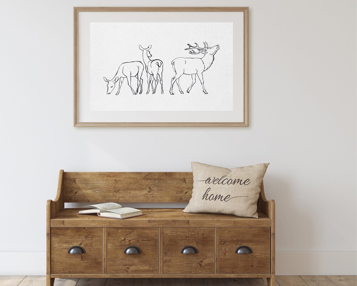 Deer Family Stag Doe Fawn Minimalist Line Drawing Wildlife Art Poster - Image 2