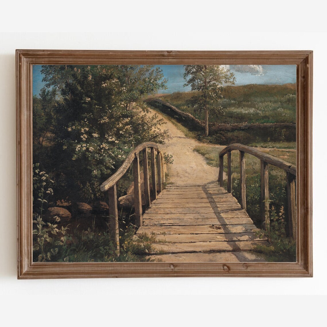 Vintage Bridge Landscape Art Print, Farmhouse Decor