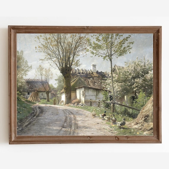 Vintage Country Lane Landscape, Farmhouse Art Print