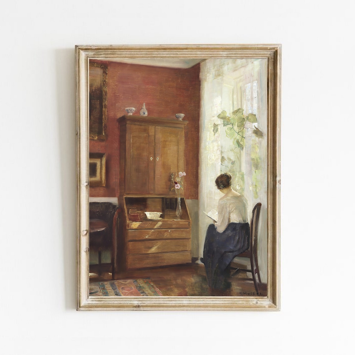 Antique Woman Reading, Vintage Oil Painting Print
