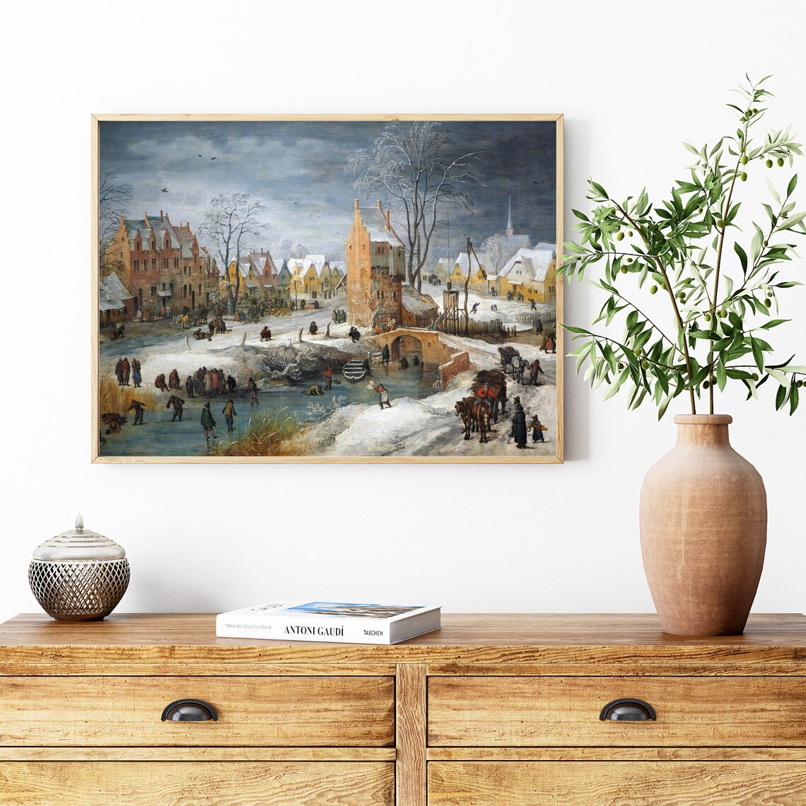 Vintage Ice Skating Art Print, Winter Snow Village - Image 2