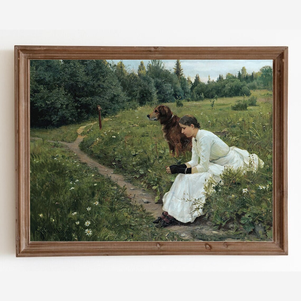 Woman And Dog Vintage Landscape Art Print