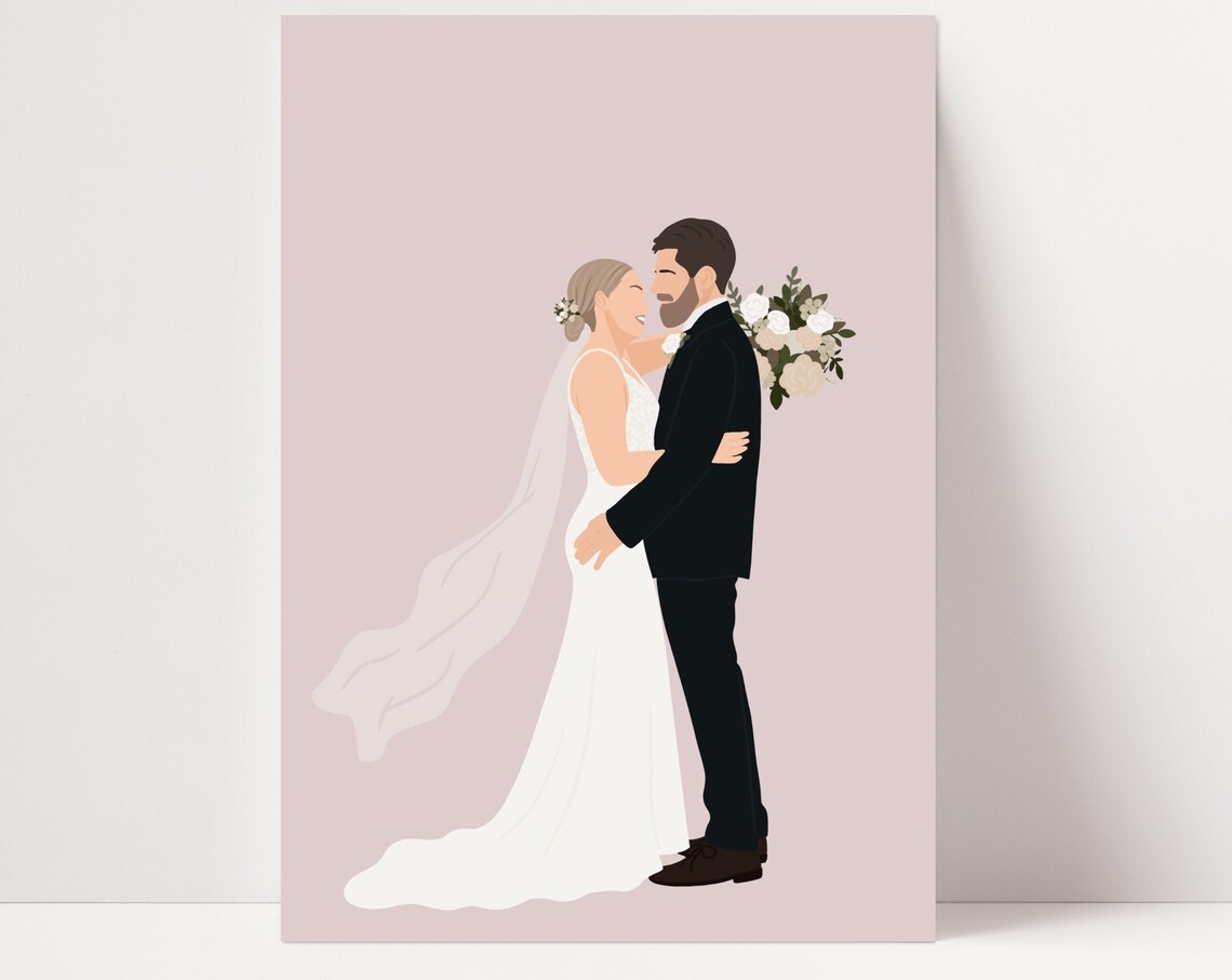 Newlyweds Kissing With Bouquet Minimalist Wedding Portrait Poster