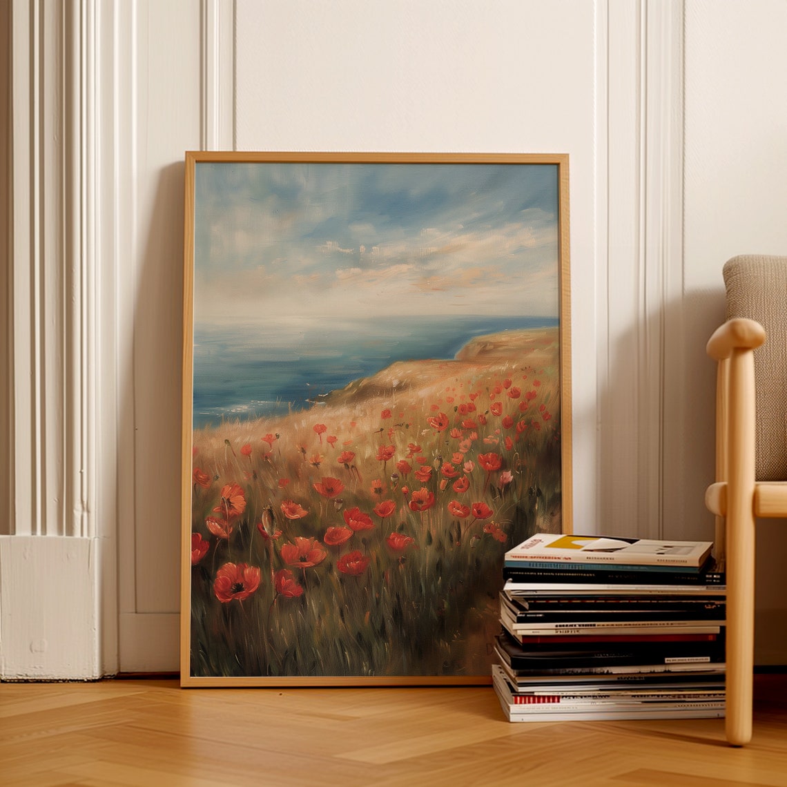 Red Poppy Field on Coastal Bluff Ocean View Oil Painting Poster - Image 2