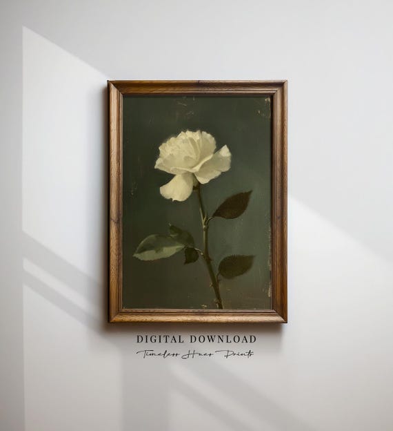 Chiaroscuro Floral Art Moody White Rose Print Dark Oil Painting Vintage Botanical Wall Decor Gothic Still Life Instant