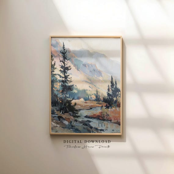 Textured Mountain Painting Impressionist River Art Cabin Decor Wilderness Rustic Scene Impasto Landscape