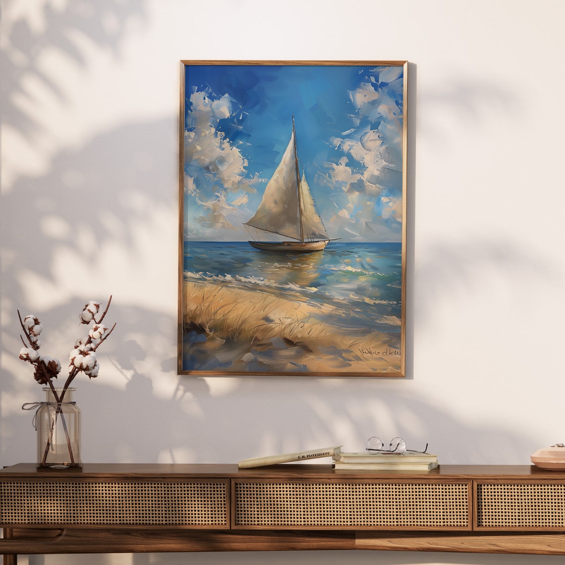 Sailboat with White Sails Near Sunny Beach Impressionist Oil Poster - Image 3