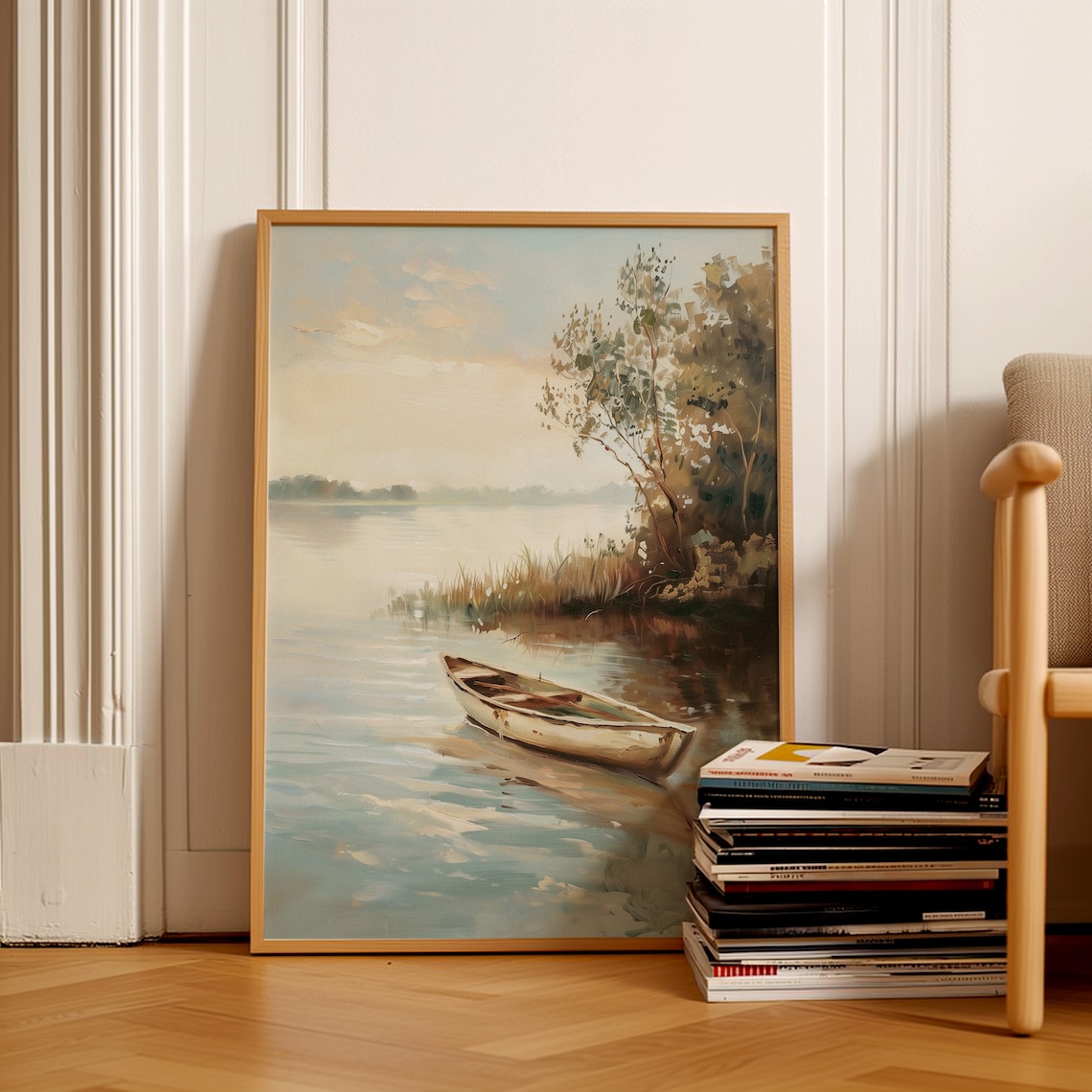 Vintage Wooden Rowboat on Calm Lake Misty Morning Oil Poster - Image 2