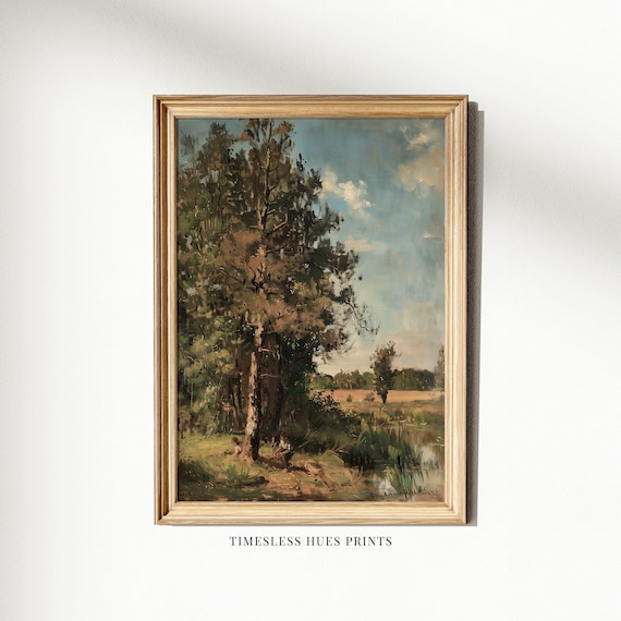Tall Tree Beside Quiet Pond Summer Lakeside Forest Impressionist Poster