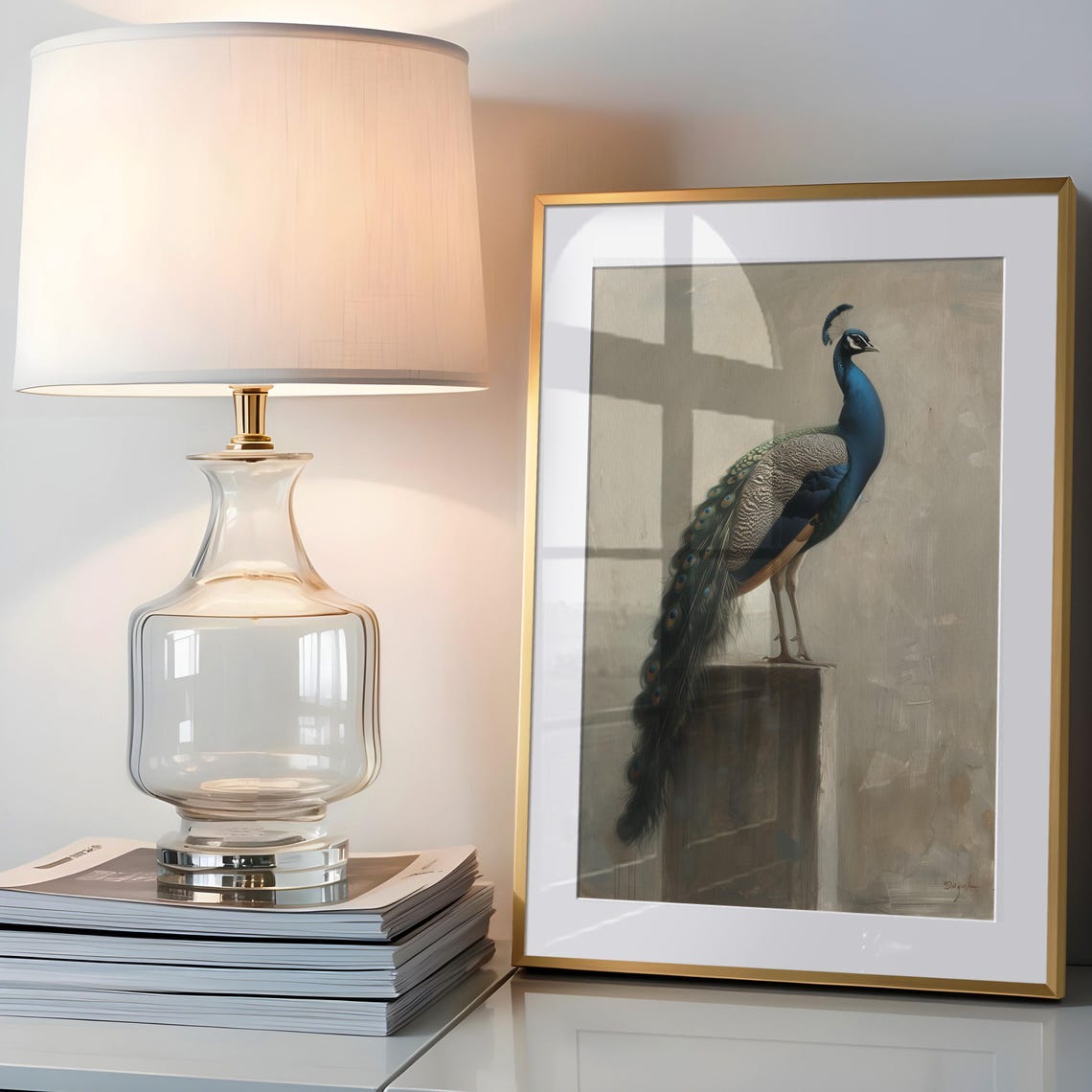 Regal Peacock on Pedestal Vintage Style Bird Painting Wall Art