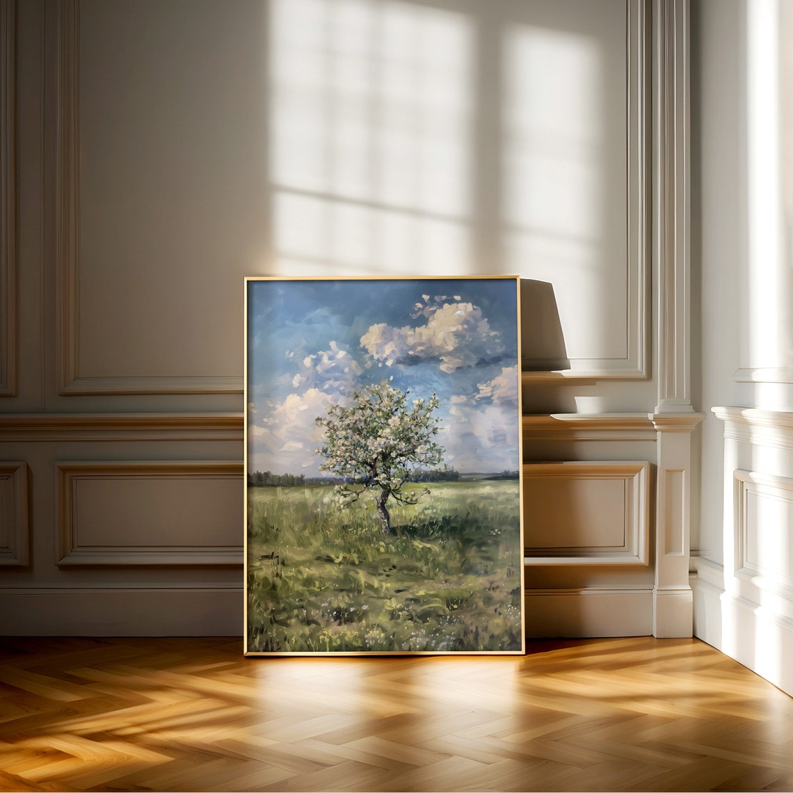 Lone Blossoming Tree Standing In A Green Field Under Clouds Poster - Image 2