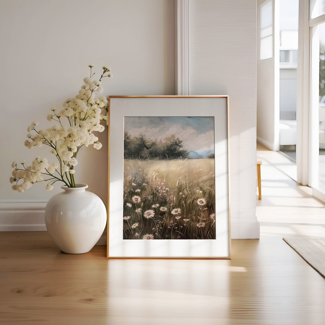 Vintage Meadow Wildflowers Painting Floral Oil Painting Serene Field Grassland Landscape Farmhouse Neutral Wall Art Decor - Image 2