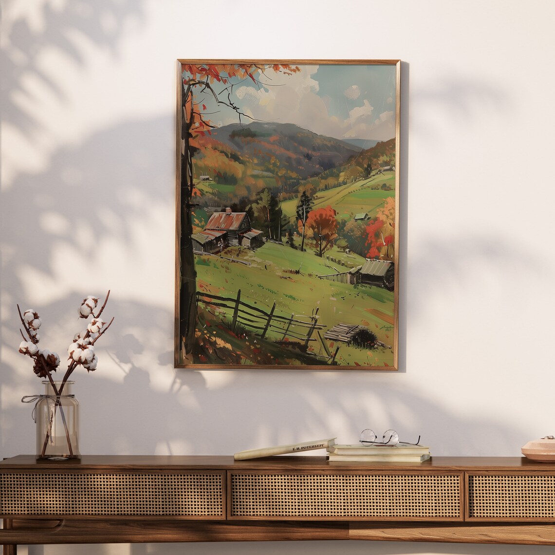Autumn Mountain Valley Farmstead Cabins Vintage Rural Landscape Painting Poster - Image 2