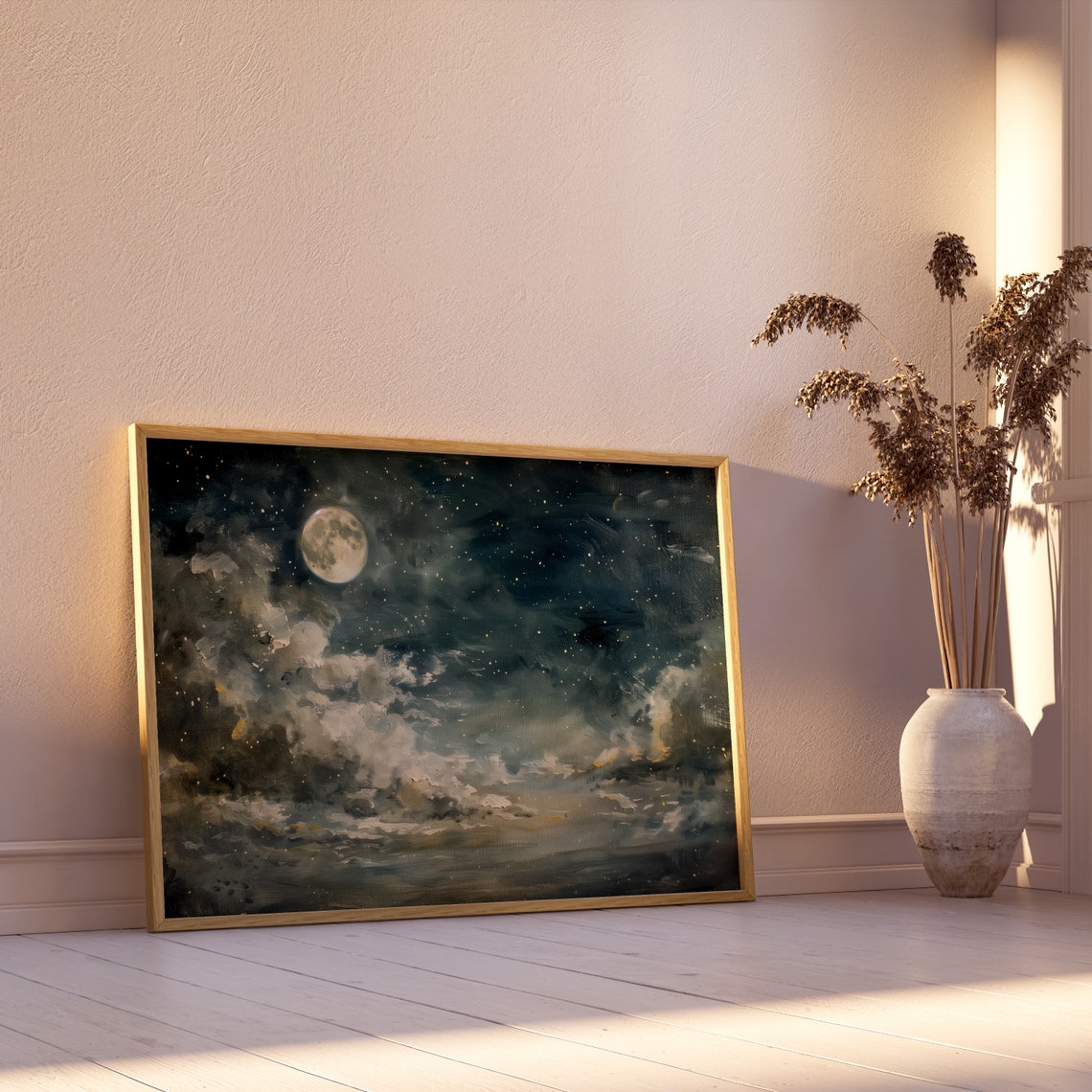 Full Moon Glowing over Dark Cloudy Night Sky Starry Clouds Poster - Image 3