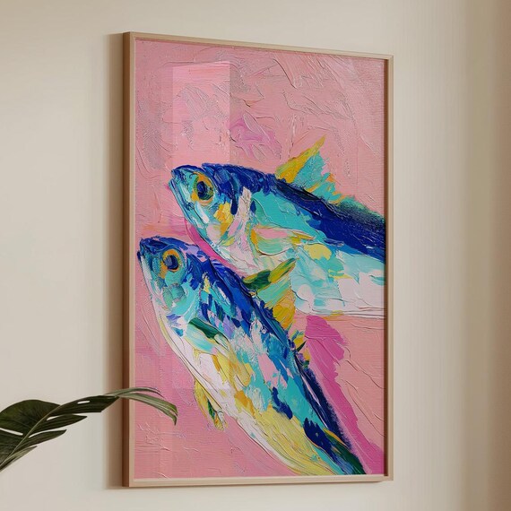 Sardines Print Trendy Kitchen Wall Art Retro Modern Home Decor Pink Watercolor Poster Fish