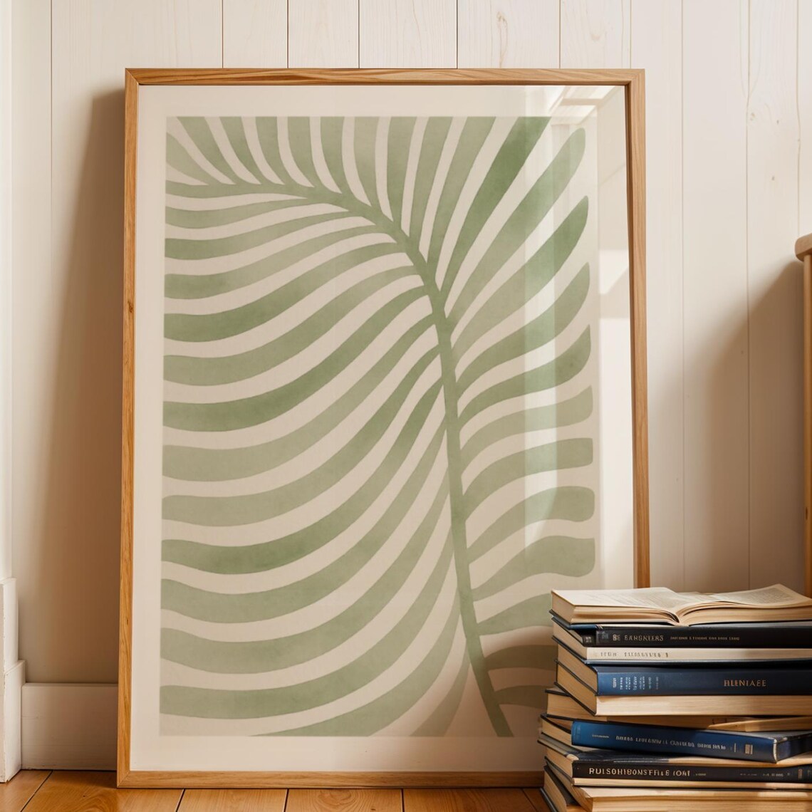 Sage Green Palm Leaf Botanical Minimalist Watercolor Line Art Poster