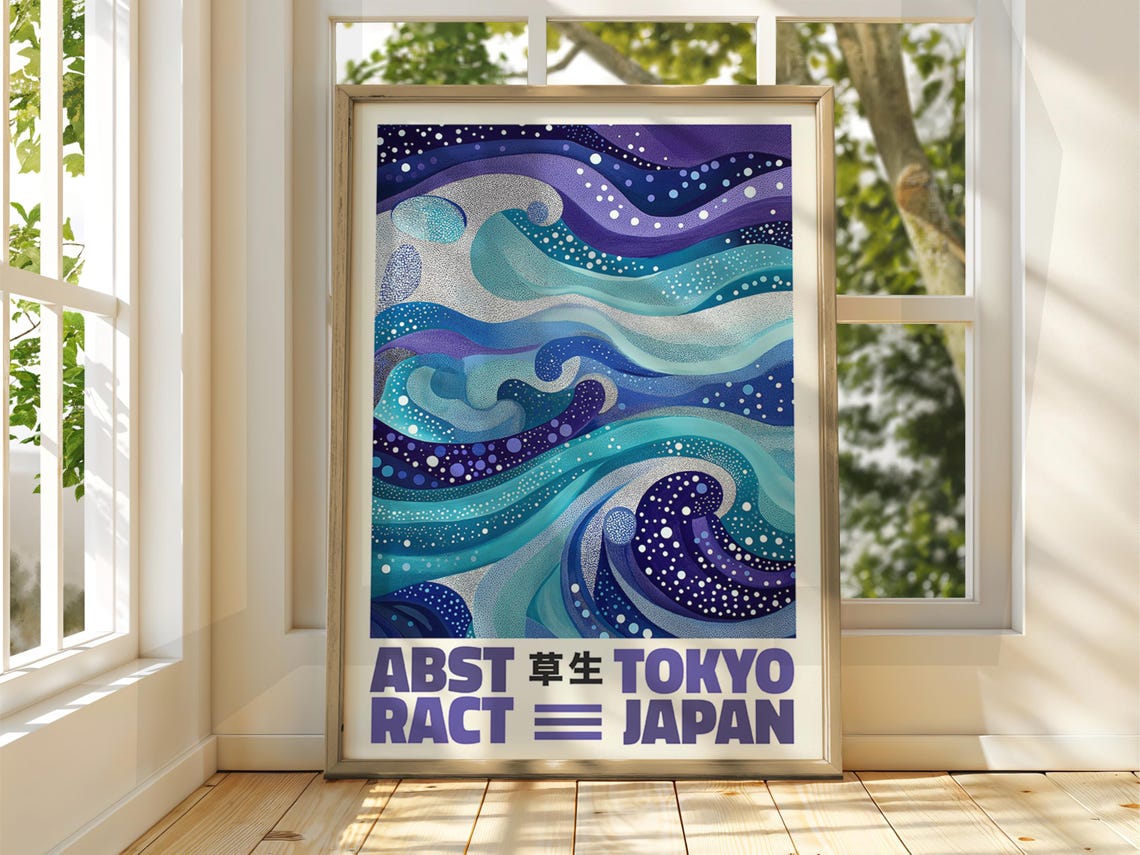 Abstract Japanese Wave Poster Tokyo Japan Blue Dotted Ocean Art Decor