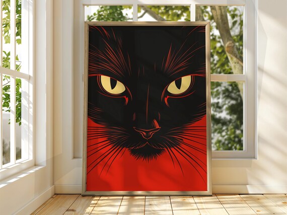 Black Cat Yellow Eyes Red Line Art Bold Feline Portrait Poster