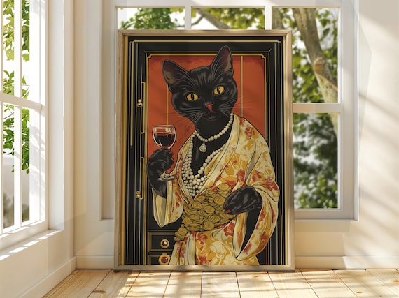 Black Cat in Kimono Holding Wine Glass and Golden Coins Art Deco Poster