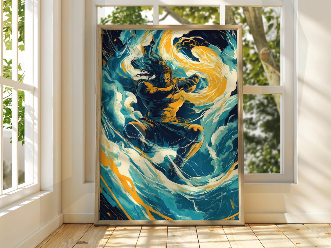 Thunder God Warrior Amid Storm Lightning Ukiyo-e Style Art Poster
