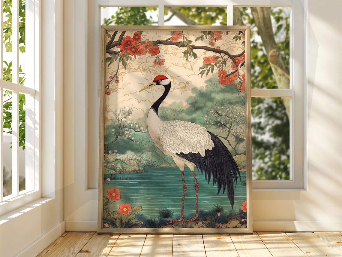 Japanese Red Crowned Crane Blossoms Ukiyo-e Style Art Poster