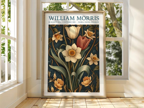 William Morris Style Daffodils Tulips Dark Floral Art Poster