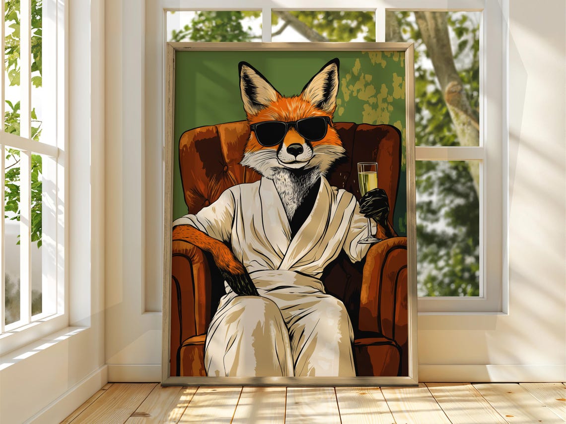 Fancy Fox Poster Drinking Animal Art Illustration Funny Quirky Drinks Whiskey