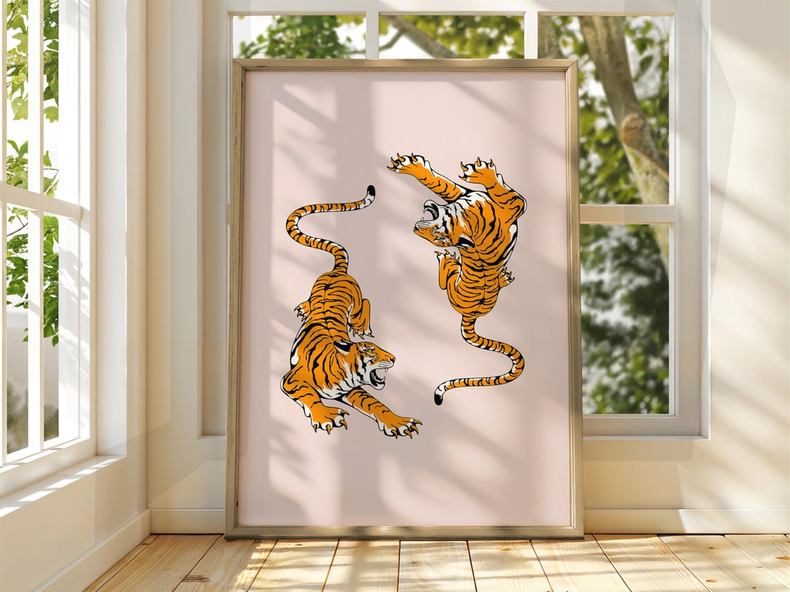 Leaping Orange Tigers Blush Pink Background Animal Art Poster